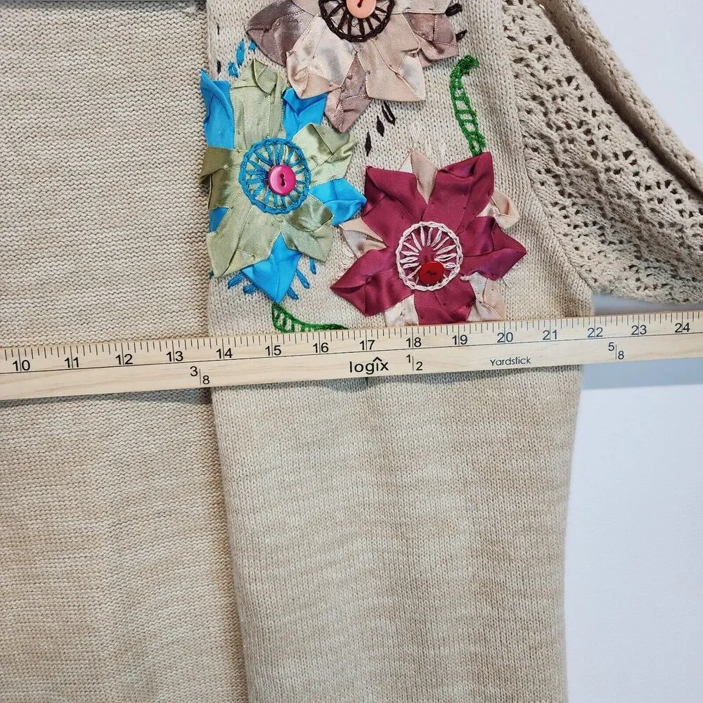 Storybook Knits Cardigan Sweater Size M Beige Crochet Fringe Granny Vintage
